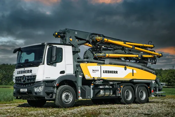 Concrete pump truck, excavator